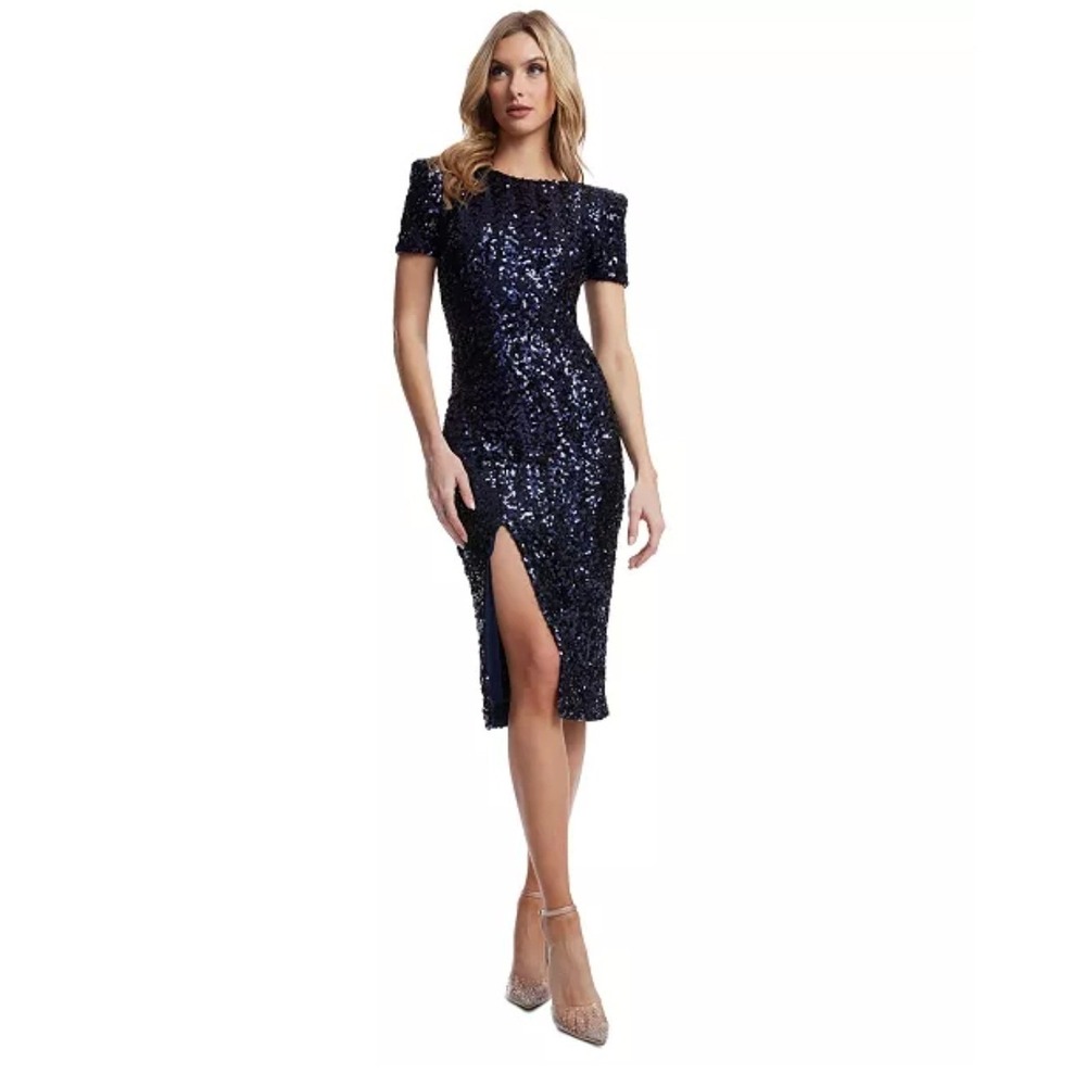 Dress The Population Navy Blue Sequin Midi Dress XS Short Sleeve Side Slit Scoop